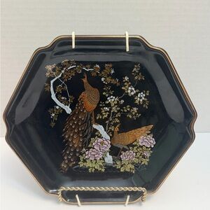 Black Decorative Hexagonal Plate with Gold Peacocks
